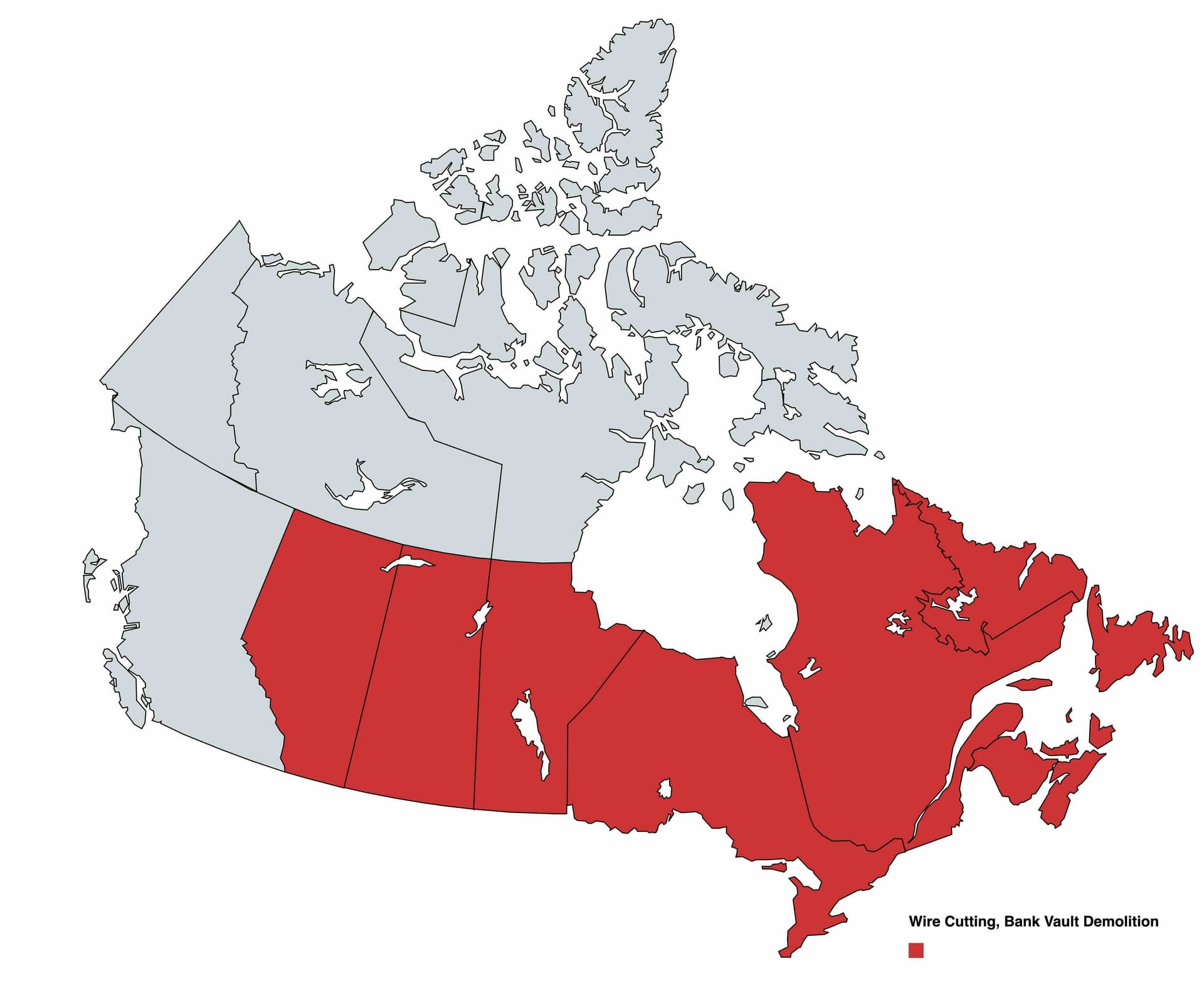 Wire Cutting, Bank Vault Demolition  Service Area Map